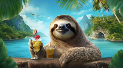 Funny sloth with a cocktail on the background of the sea. Generative AI - obrazy, fototapety, plakaty