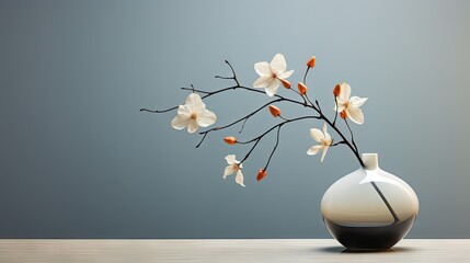  a white and black vase with a branch with white and orange flowers in it on a wooden table against a blue wall.  generative ai - obrazy, fototapety, plakaty