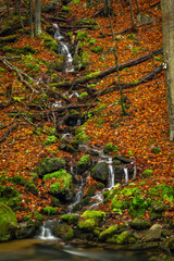 Small creek from hillside near Ponikly waterfall after rain in autumn morning