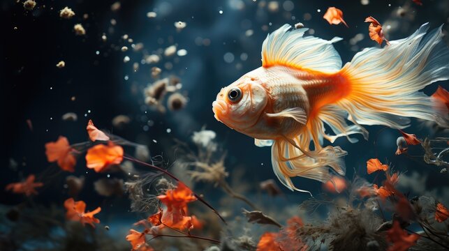  a close up of a fish in a body of water surrounded by plants and fish floating on top of the water.  generative ai