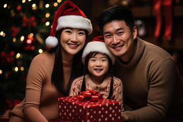 Fototapeta na wymiar Asian smiling happy married family spouses couple husband wife in red Santa Christmas hats and kid child hugging each other celebrating on the ocean sea beach. Celebrating Xmas holidays concept
