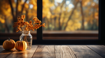 Interior of Table background of free space and autumn window. AI generative - obrazy, fototapety, plakaty