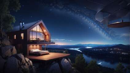 Cabin overlooking the city in the future nighttime stars - AI Generative