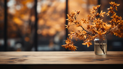 Naklejka na ściany i meble Interior of Table background of free space and autumn window. AI generative