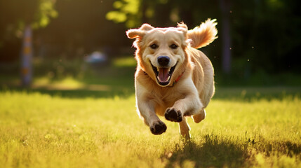 A playful happy dog is playing, running and carrying a ball.Generative AI - obrazy, fototapety, plakaty