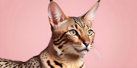 Savannah cat on a pastel background. Cat a solid uniform background, for your advertising and design with copy space. Creative animal concept. Looking towards camera.
