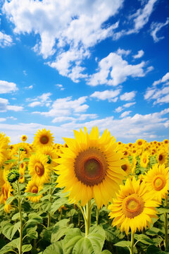 A beautiful field of blooming sunflowers against the background of sunny weather.Generative AI
