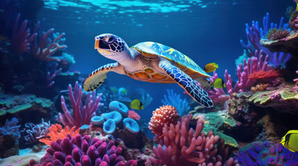 Sea turtle, beautiful coral reef on background. 
