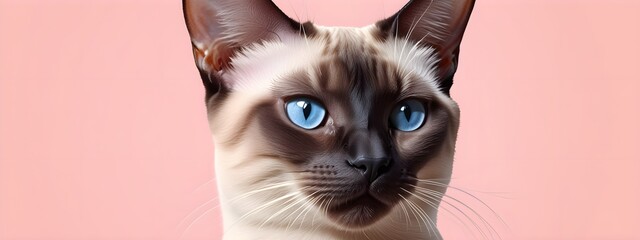 Siamese cat on a pastel background. Cat a solid uniform background, for your advertising and design with copy space. Creative animal concept. Looking towards camera.