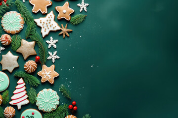 Christmas cookies candies and pine branches on green background