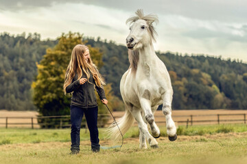 A young woman and her icelandic horse working and cuddle together, equestrian natural horsemanship...