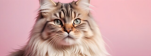 Siberian cat on a pastel background. Cat a solid uniform background, for your advertising and design with copy space. Creative animal concept. Looking towards camera.