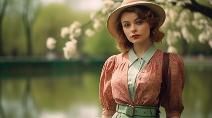 30 year old fair-skinned European girl in vintage spring clothes in a green park. Beautiful retro woman in vintage clothes.