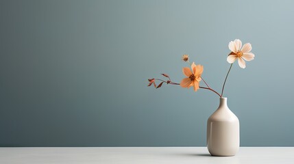  a white vase with a flower in it on a white table with a blue wall behind it and a light blue wall behind it.  generative ai