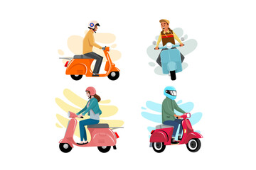 Illustration of people riding motorcycle and scooter in flat and colorful shapes.