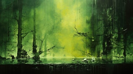  a painting of a forest filled with lots of green and black trees in the middle of a forest filled with lots of green and black trees.  generative ai