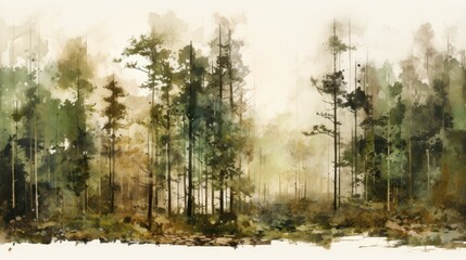  a painting of a forest with lots of trees in the foreground and a foggy sky in the background.  generative ai