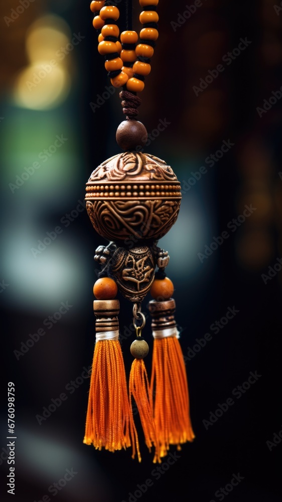 Canvas Prints An orange tassel hanging from a wooden necklace, AI