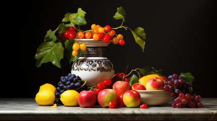  a table topped with a bowl of fruit next to a vase filled with oranges, apples, and grapes.  generative ai