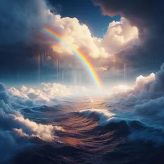 Fotobehang A rainbow after a storm. This image represents the idea that even after hardship, there is always hope for a better future. © alhaitham