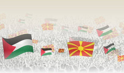 Palestine and North Macedonia flags in a crowd of cheering people.