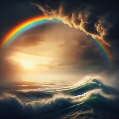 A rainbow after a storm. This image represents the idea that even after hardship, there is always hope for a better future. - obrazy, fototapety, plakaty