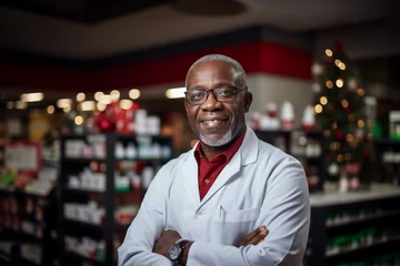 Deurstickers African-American adult male professional pharmacist red Christmas shirt standing in pharmacy shop or drugstore with medicines shelf. Health care celebrating New Year holiday concept © Valeriia