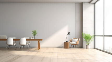 Sunny blank wall with shadow in modern eco style open space office with wooden wall. Generative Ai
