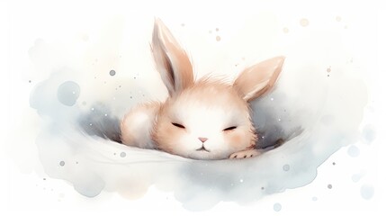  a watercolor painting of a bunny laying down with its eyes closed and eyes closed, with its head resting on a pillow.  generative ai
