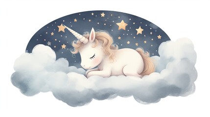  a drawing of a unicorn sleeping on a cloud with stars in the sky in the middle of the night sky.  generative ai