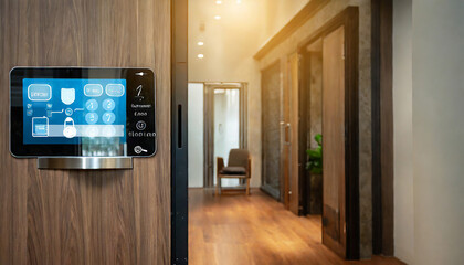 Smart Digital touch screen keypad access by entering pass code digits, Electronic digital door handles on wood door Hotel or apartment door, future modern safety security technology more safe secure - obrazy, fototapety, plakaty