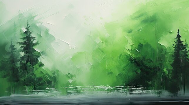  a painting of a green landscape with trees in the foreground and a body of water in the foreground.  generative ai