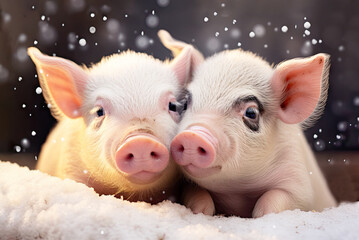 Nahaufnahme von zwei niedlichen Ferkeln im Schnee, Schweinemotiv erzeugt mit Generative AI.