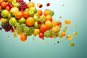 the fruits are coming out of the air and bouncing, background of fruits