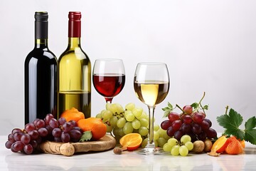 wine and fruits stand on a white table