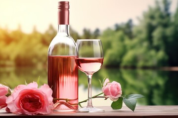 pink rose and a glass of wine on top of a wooden table