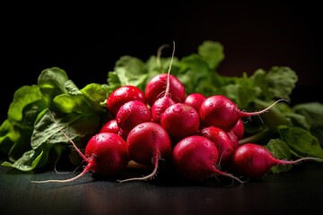 red radishes with green leaves sit on a dark background