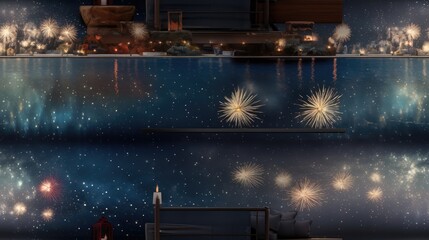  fireworks are lit up in the night sky above a body of water with a building in the background and a cityscape in the foreground.  generative ai