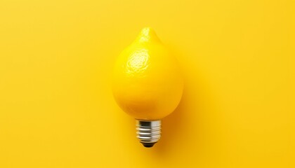 Yellow lemon light bulb on yellow background. Creative idea concept.