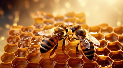 Two bees collecting honey on the honeycomb.
