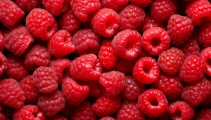 Background of lots of fresh tasty sweet red raspberries arranged together representing concept of...