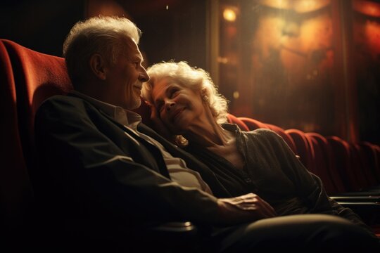 An elderly couple in love sitting in a movie theater.