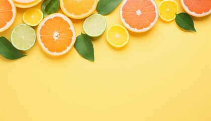 Top view creative composition made from oranges and fruits on pastel yellow background. Fresh fruit minimal concept with flat lay - obrazy, fototapety, plakaty