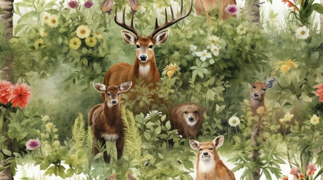  a painting of a group of deer standing in a forest filled with flowers and plants, with another deer looking at the camera.  generative ai