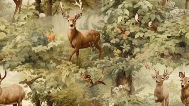  a painting of deer in a forest with birds and flowers on a wallpapered background of trees and birds.  generative ai