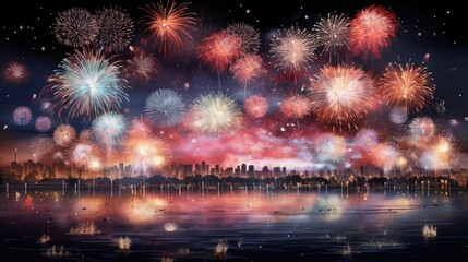  fireworks are lit up the night sky over a large body of water with a cityscape in the background.  generative ai