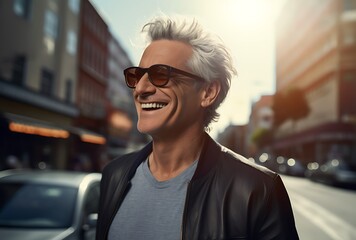 Portrait of a handsome smiling man in sunglasses in the city. - obrazy, fototapety, plakaty