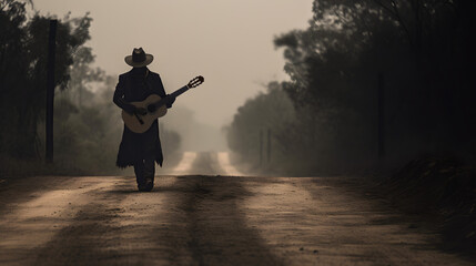 Lonesome dark mysterious guitarist or storyteller wearing a cowboy hat & a duster wandering on a country road while playing guitar - obrazy, fototapety, plakaty