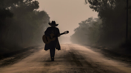 Eerie solitary guitar player wandering on a dusty country road, wearing a dark cowboy hat & a duster
