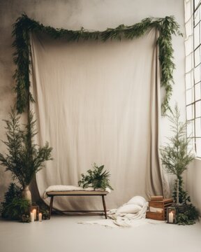 Simple and Clean Boho Christmas Studio Backdrop. Creative minimalist holiday background.